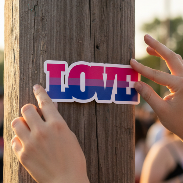 Bisexual pride bubble-free sticker reading “LOVE” in bold over pink, purple, and blue stripes
