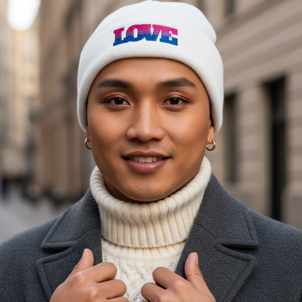 Bisexual Love Cuffed Beanie, white with "LOVE" in pink and blue, on smiling person in cream turtleneck and gray coat