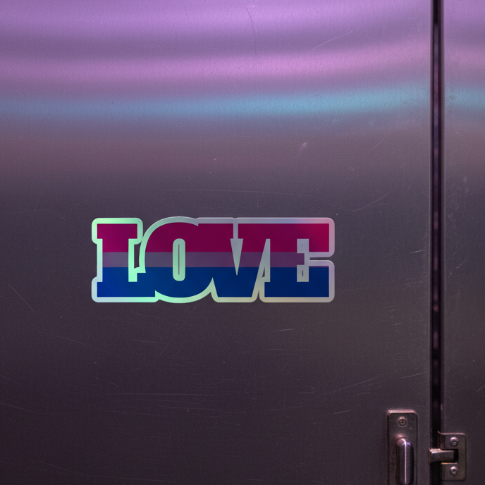 Bisexual Love Holographic Sticker with bold “LOVE” on metallic foil, shining in pink, purple, and blue pride hues