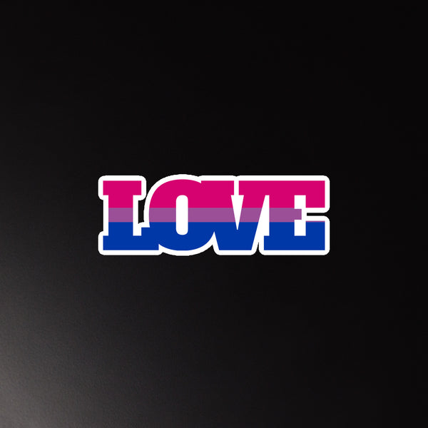 Flat bisexual pride magnet spelling LOVE in pink, purple, and blue stripes