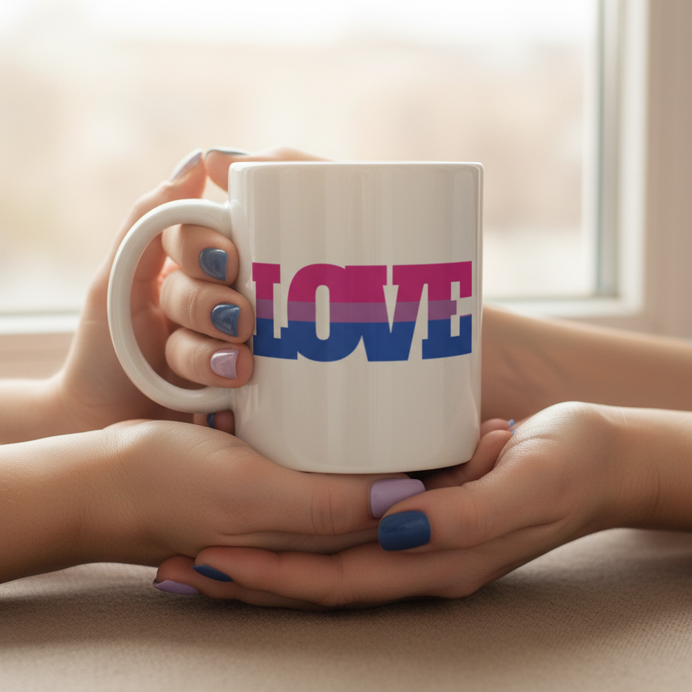 White mug reading “LOVE” in pink, purple, and blue stripes, held in two hands