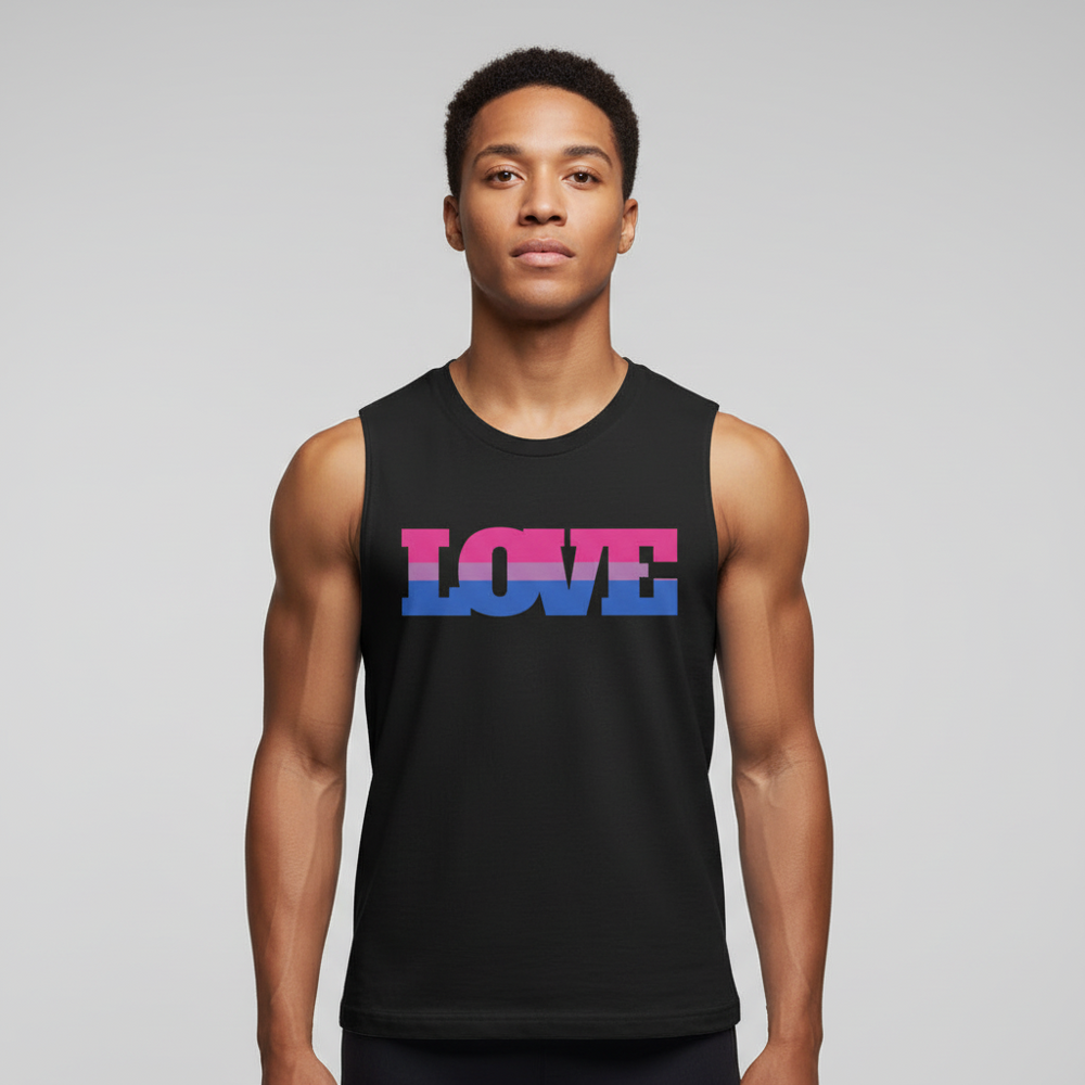 Bisexual Love Muscle Top with "LOVE" in bold letters striped pink, purple, blue for bi pride; worn by a person