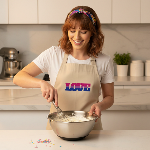 Person whisking batter in a beige apron with colorful LOVE lettering