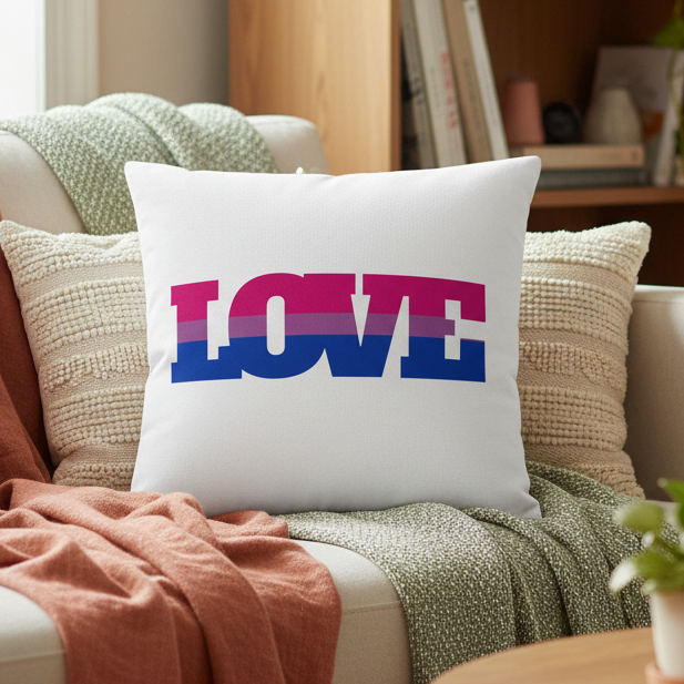 Bisexual Love Pillow with bold "LOVE" in pride flag colors on a couch, surrounded by textured cushions, green knit throw
