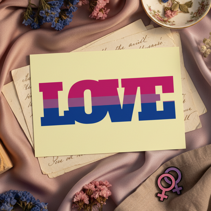 Bisexual Love Postcard with "LOVE" in pink, purple, and blue on cream card stock, amid queer symbols, florals