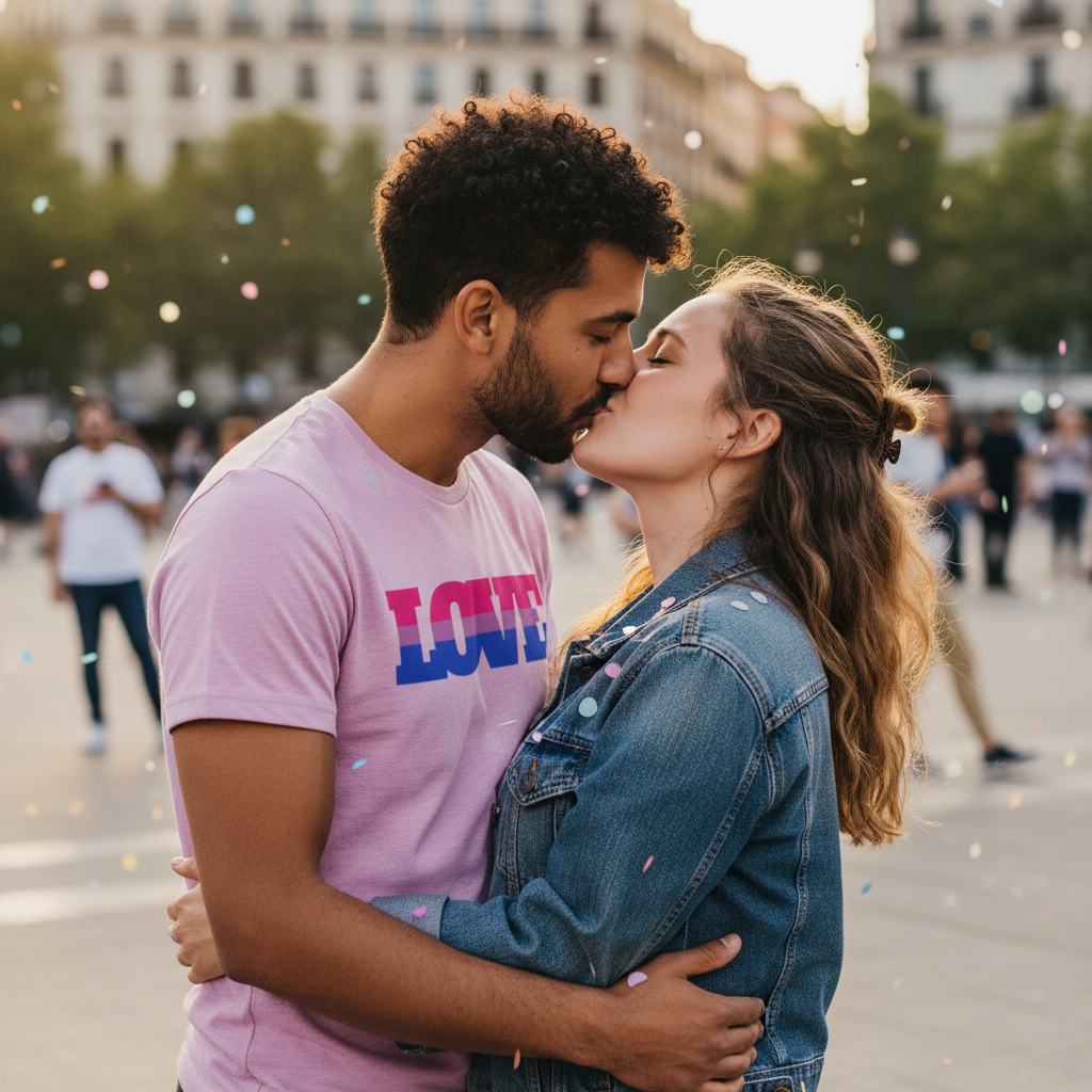Bisexual Love T-Shirt on a person and denim jacket on a person as they kiss amid city confetti, queer joy filling the vibrant