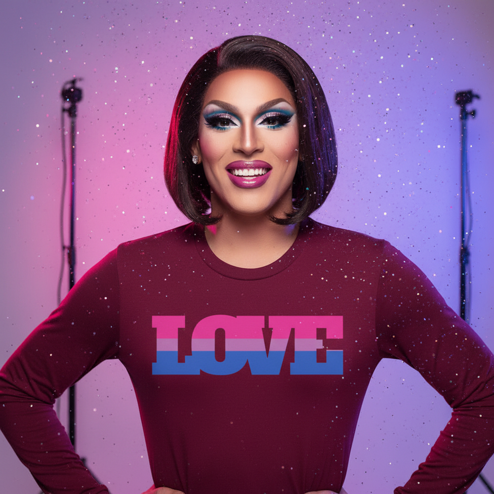 Maroon unisex long sleeve tee with “LOVE” in bisexual flag colors