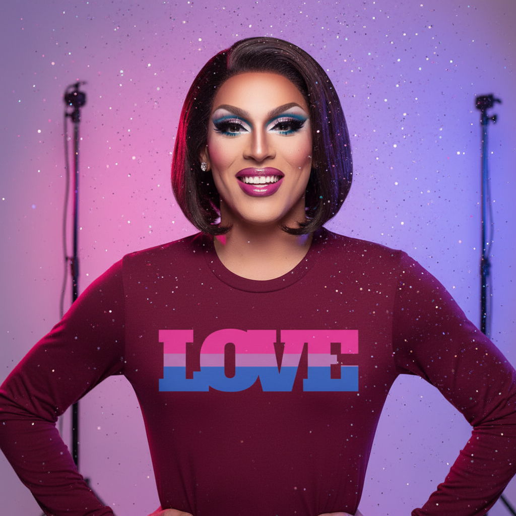 Maroon unisex long sleeve tee with “LOVE” in bisexual flag colors