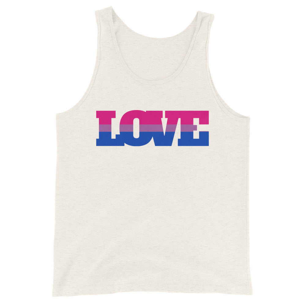 Front view of an ivory tank top with “LOVE” in pink, lavender, and blue stripes