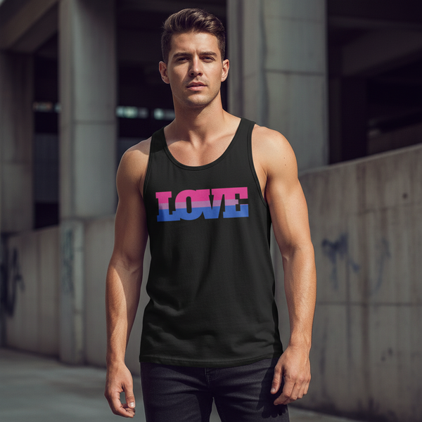 Bisexual Love Unisex Tank Top with “LOVE” in bold pink, purple, and blue stripes; worn by a man outdoors in bright sunlight.