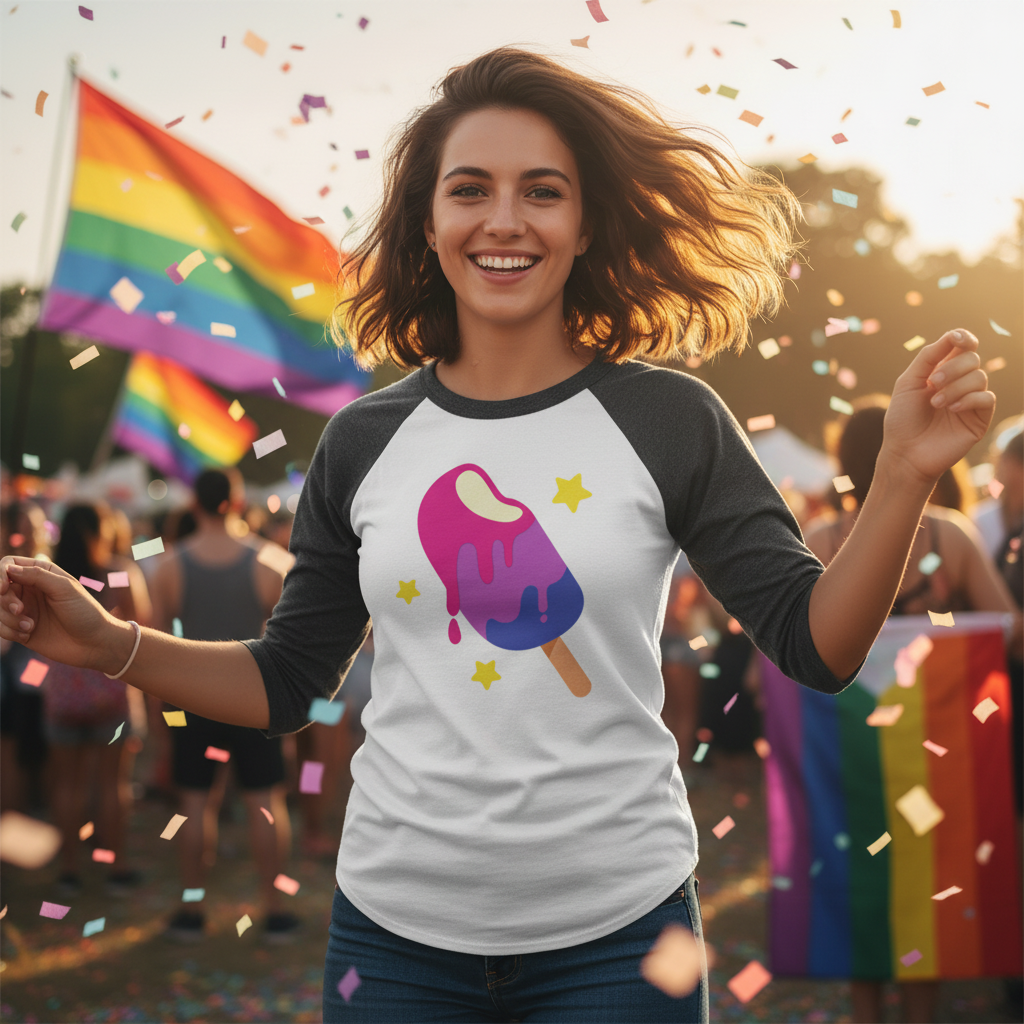 Bisexual Popsicle 3/4 Sleeve Raglan Shirt on a smiling person, confetti falling