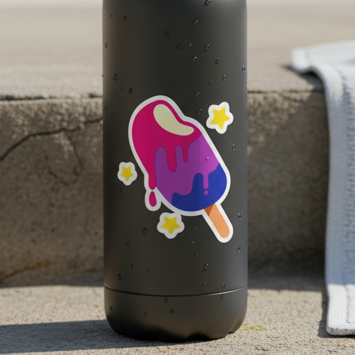 Matte black water bottle with Bisexual Popsicle stickers—a melting pink and purple popsicle, three yellow stars