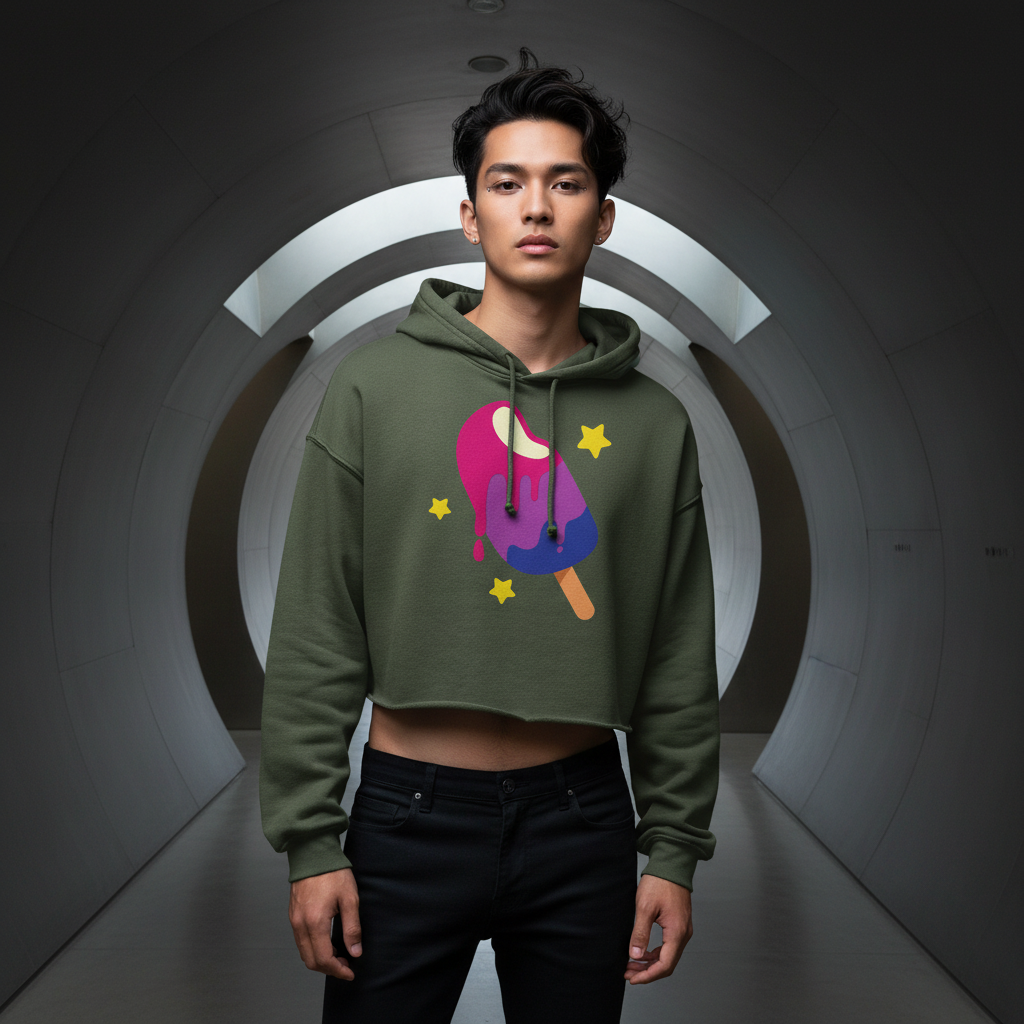 Bisexual Popsicle Crop Hoodie with a colorful popsicle and yellow stars, worn by a young man in a curved, futuristic hallway.