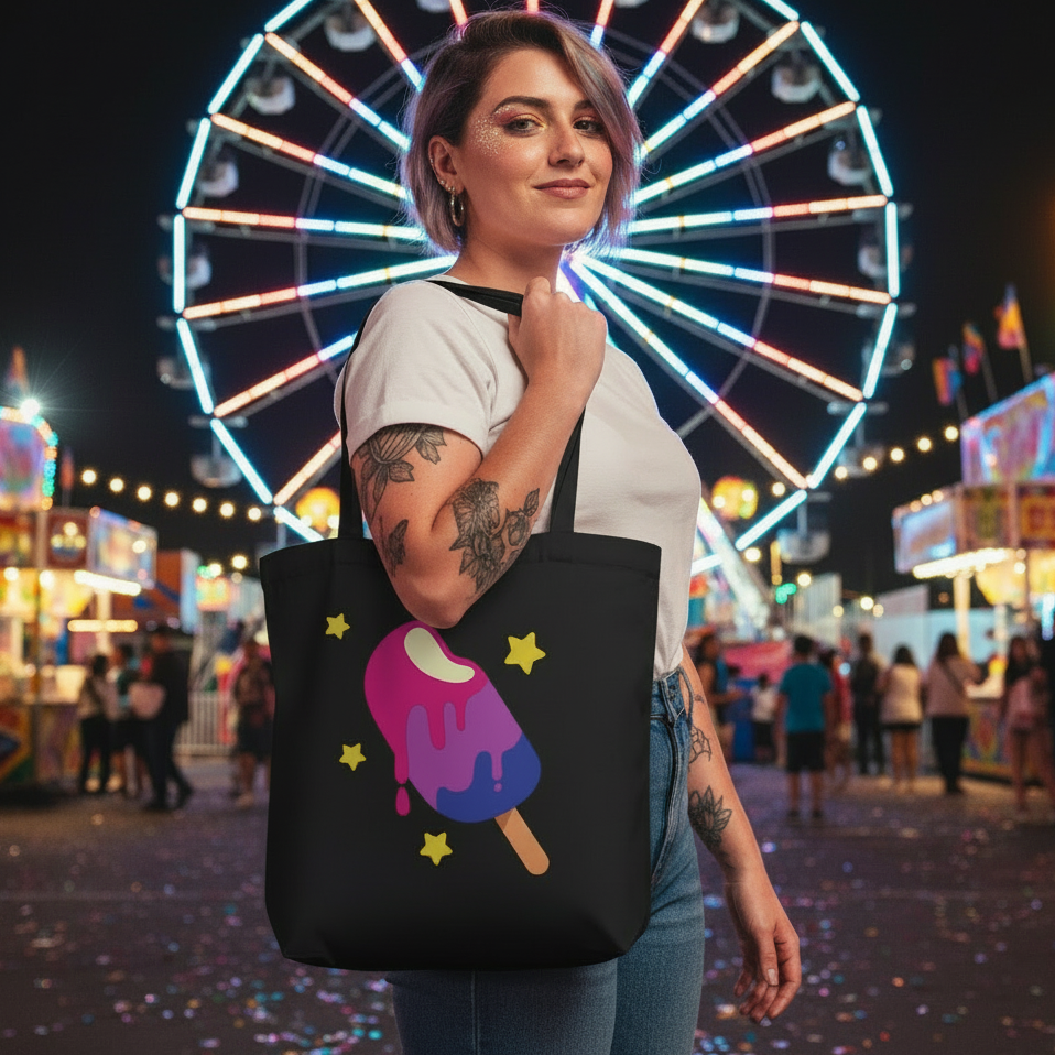 Person carrying a black tote with a dripping pink-and-purple popsicle and yellow stars at a carnival