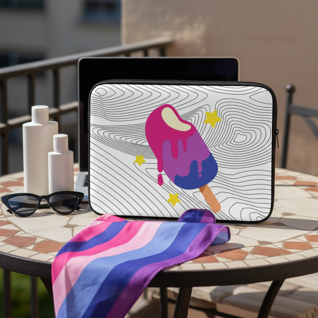 Bisexual Popsicle Laptop Sleeve with a bold popsicle print sits on a round table, near a laptop, bi flag scarf