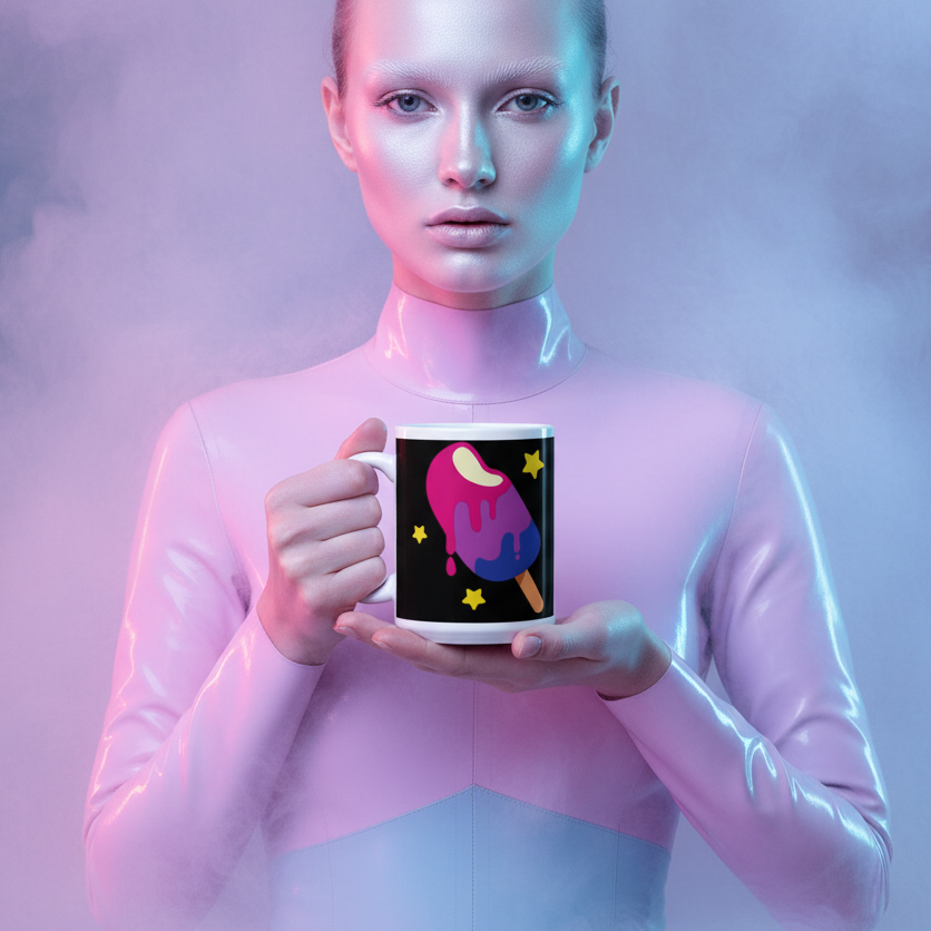 Person in a pastel bodysuit holds a black mug with a colorful dripping popsicle and stars