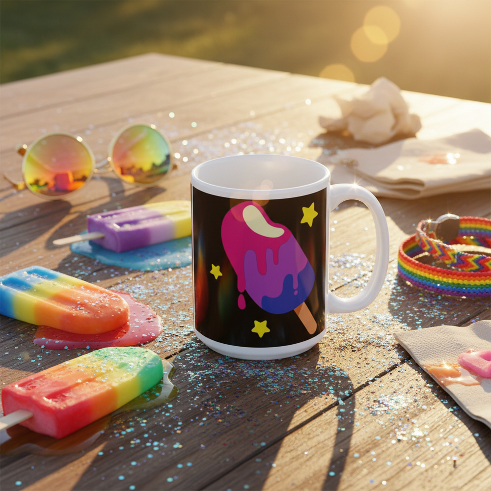 Bisexual Popsicle Mug with a white base and colorful popsicles, stars, on wood table with rainbow pops, glitter