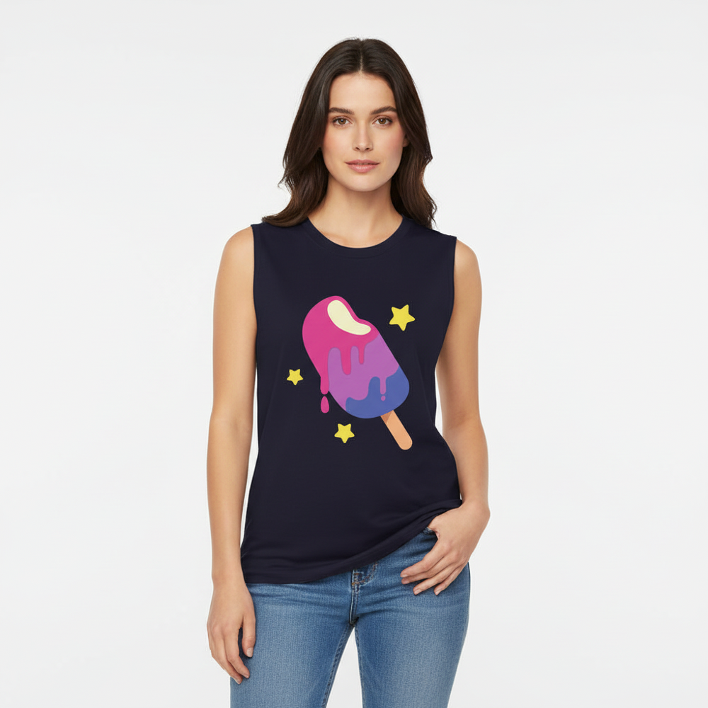 Bisexual Popsicle Muscle Top: sleeveless navy tee with a bright popsicle, white crescent, and three yellow stars
