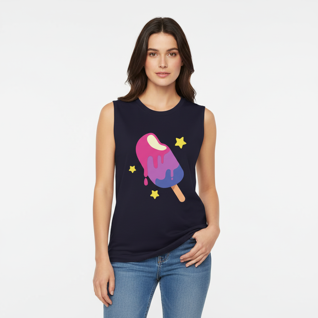 Bisexual Popsicle Muscle Top: sleeveless navy tee with a bright popsicle, white crescent, and three yellow stars