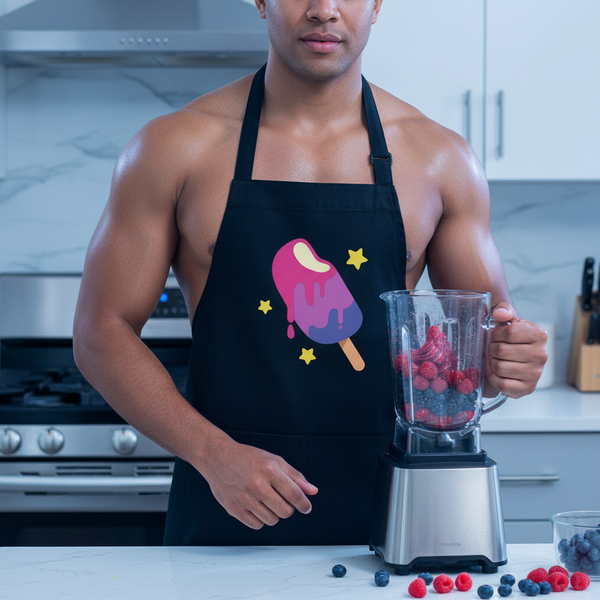 Person wearing a black apron with a colorful melting popsicle design while holding a berry-filled blender