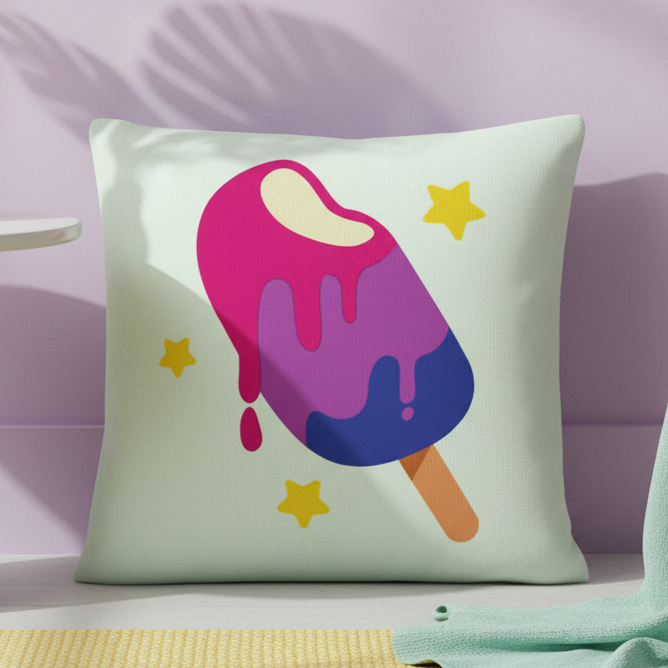 Bisexual Popsicle Pillow with a pink, purple, and blue melting popsicle, tan stick