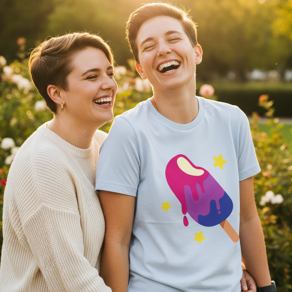 Bisexual Popsicle T-Shirt with colorful popsicles and stars, worn by someone laughing in a sunny garden