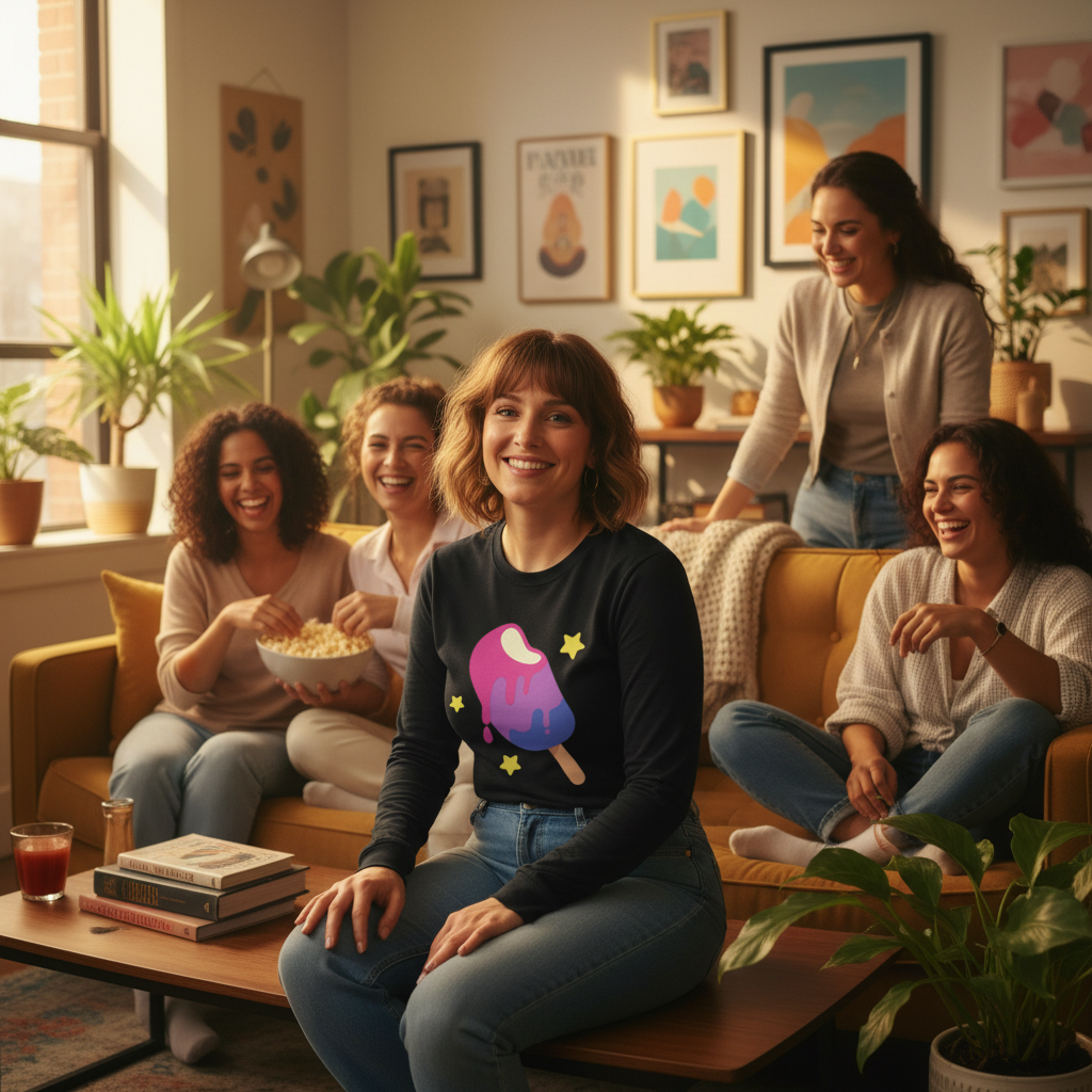 Bisexual Popsicle Unisex Long Sleeve T-Shirt, bold bi flag colors, worn by a smiling person in a cozy plant-filled lounge