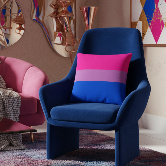 Modern living room with dark blue armchair, Bisexual Premium Pillow in pink, purple, and blue stripes, pink sofa