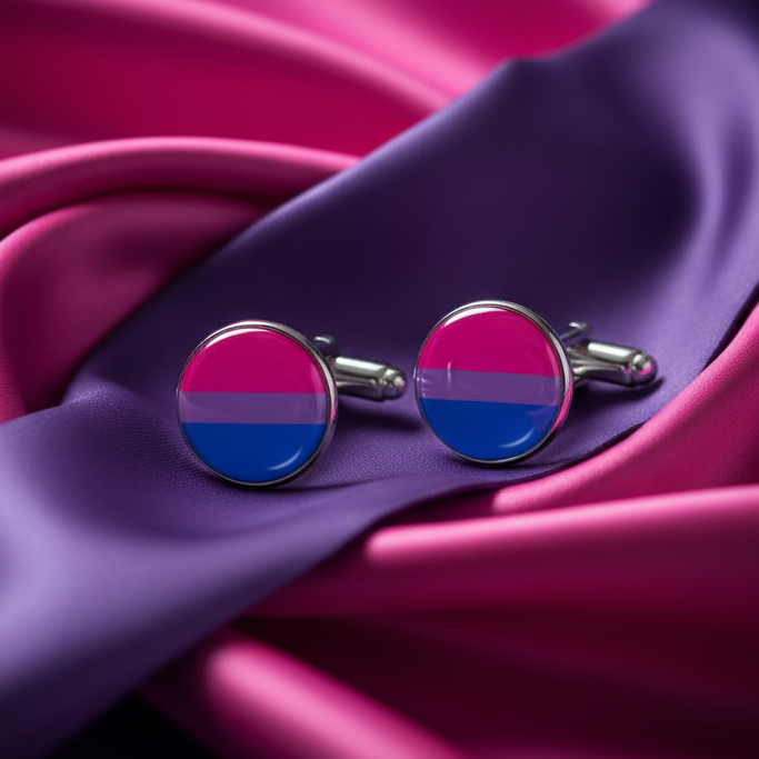 Pair of round bisexual pride cufflinks on folded magenta and purple fabric