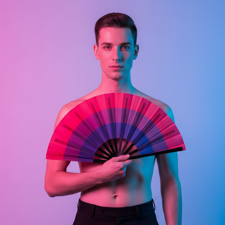 Topless model holds an open bisexual pride folding fan across their chest