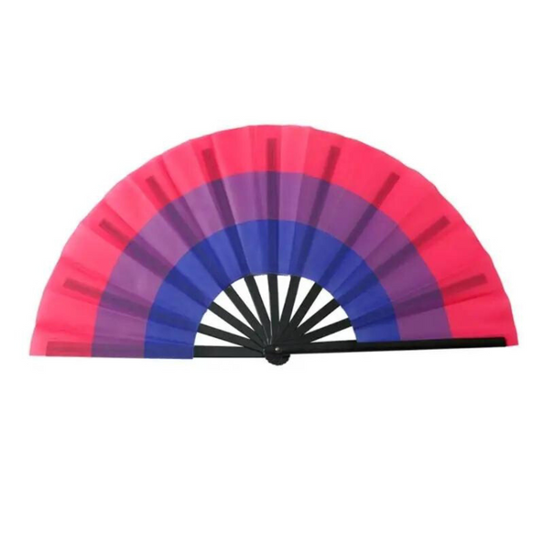 Open folding fan with pink, purple, and blue bisexual pride stripes and black ribs