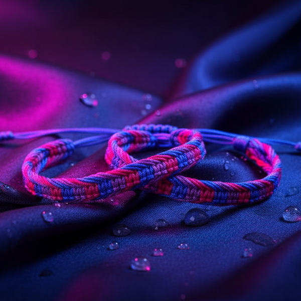 Close-up of three braided pink, purple, and blue bracelets on wet dark fabric