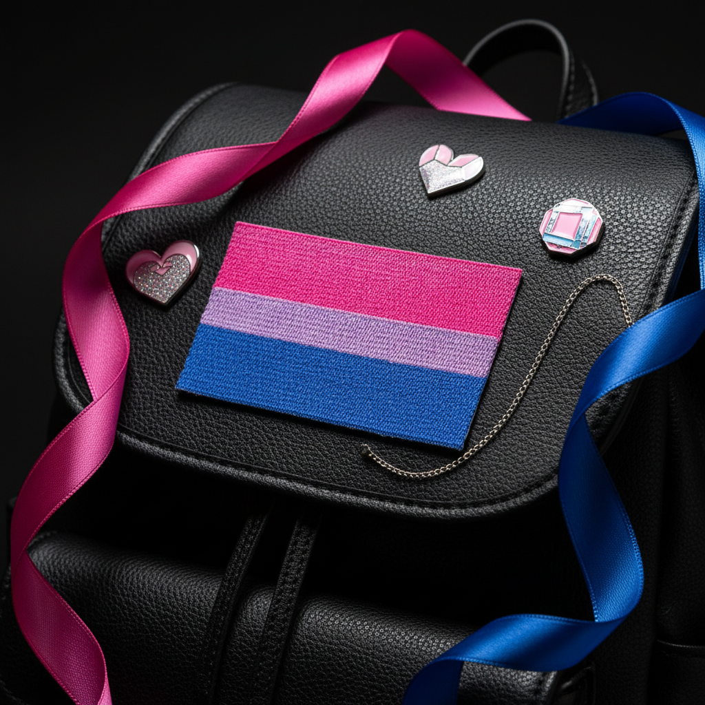 Black leather backpack with Bisexual Pride patch, two heart pins, a circular pin, and pink and blue satin bi pride ribbons.