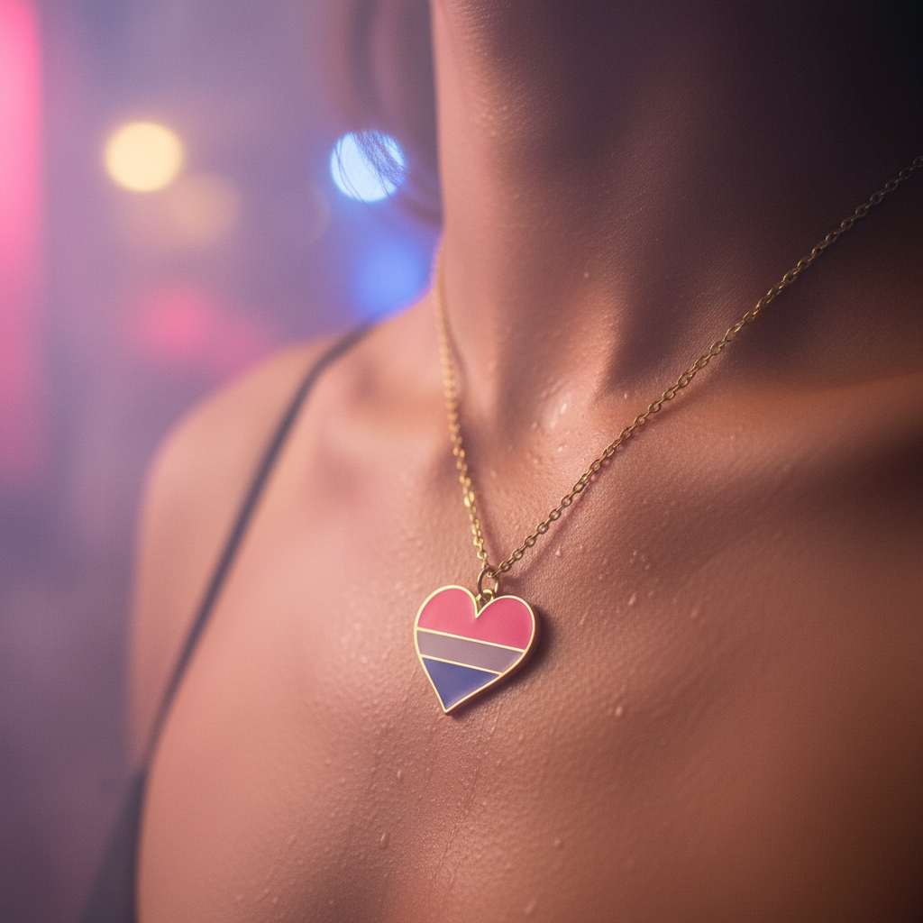 Gold-tone chain with a heart pendant in pink, purple, and blue stripes on a model's chest