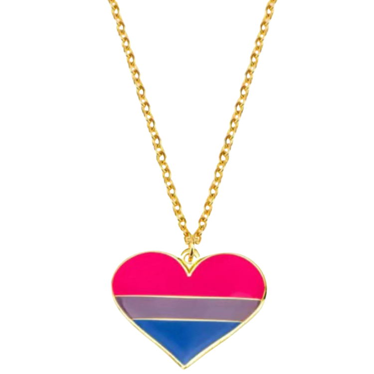 Gold-tone chain necklace with a heart pendant in pink, purple, and blue stripes