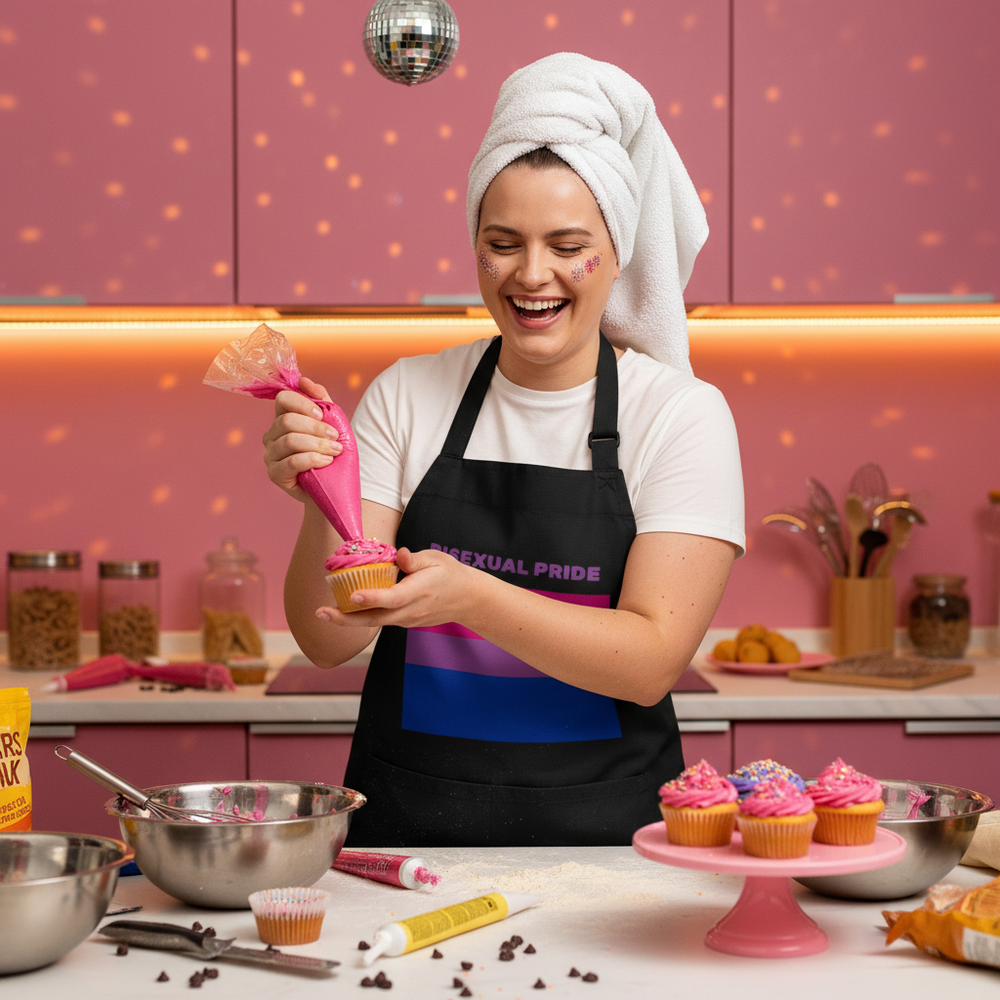 Person wearing a black bisexual pride apron decorates a cupcake in a kitchen