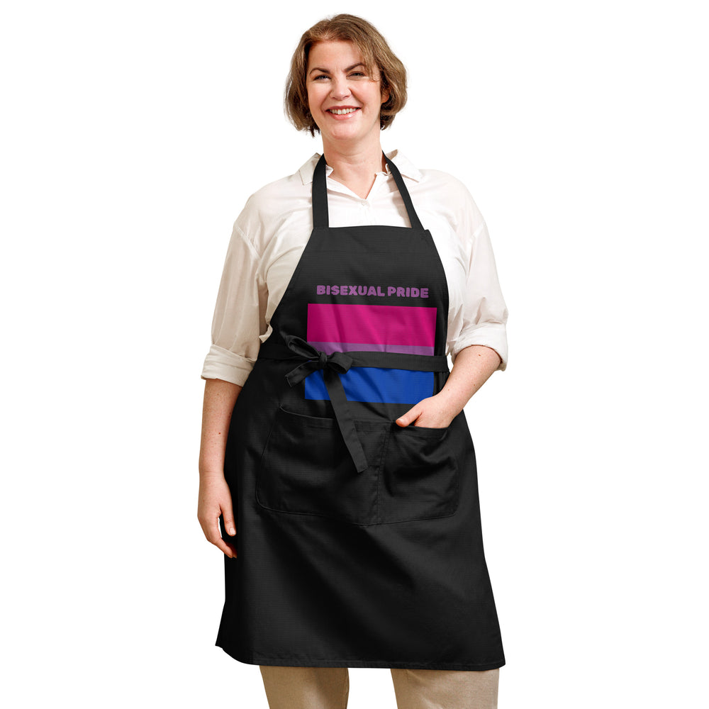 Front view of a model wearing a black apron labeled “BISEXUAL PRIDE” with pink, purple, and blue stripes