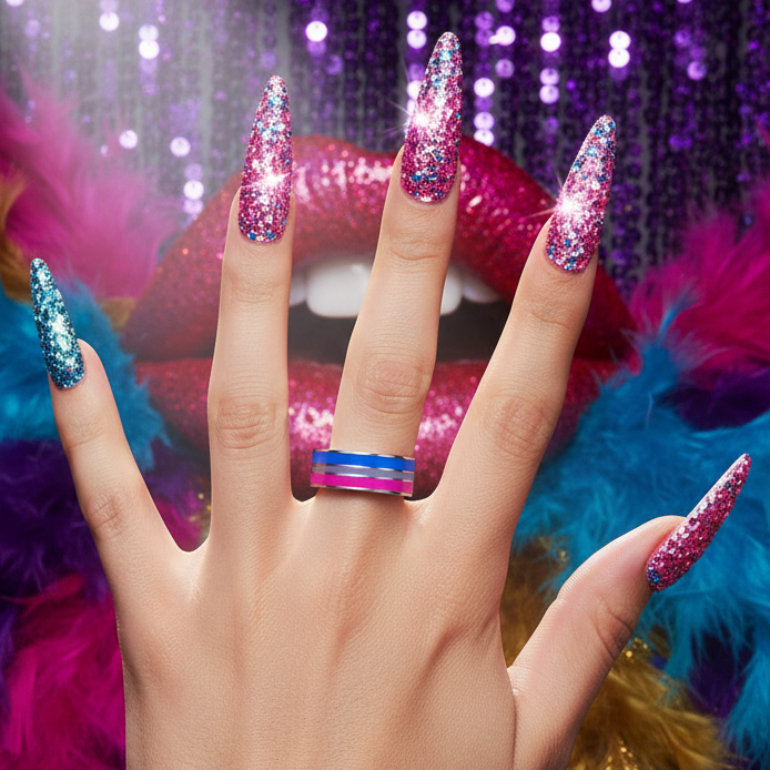 Hand wearing a pink, purple, and blue striped bisexual pride ring, shown against glitter and feathers