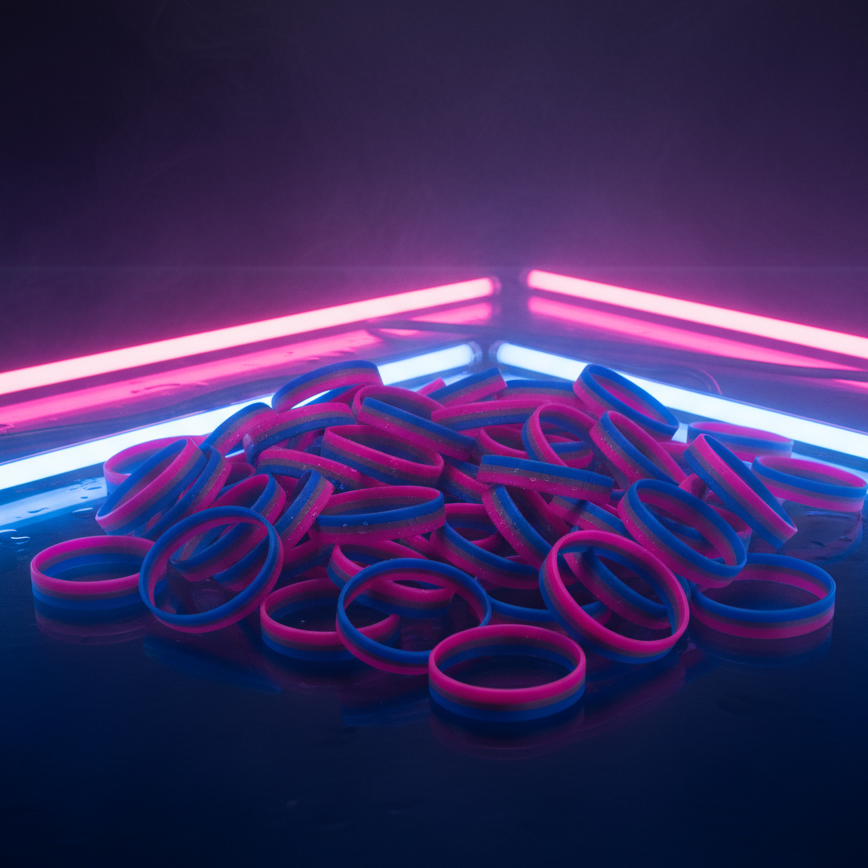 Pile of pink-and-blue rubber wristbands on a reflective surface under neon lights