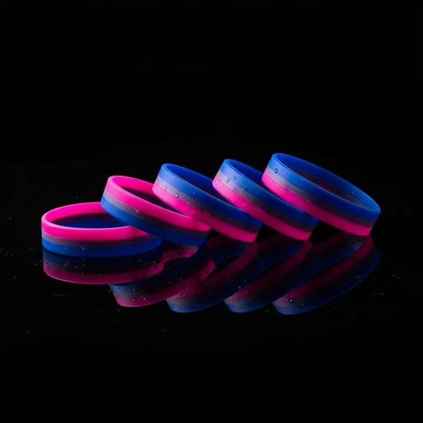 Five blue, pink, and purple bisexual pride rubber wristbands arranged on a reflective black surface
