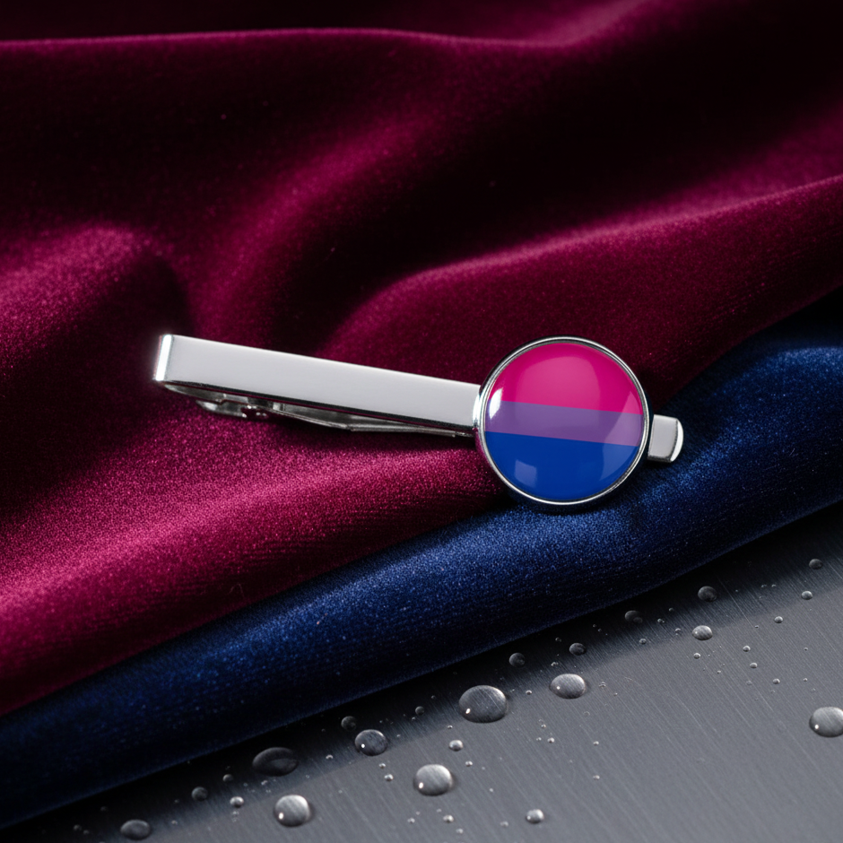 Bisexual Pride tie clip with silver finish and pink, purple