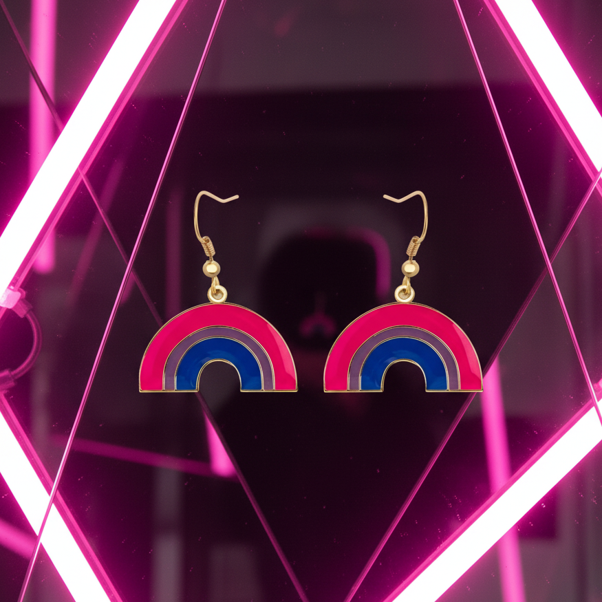Pair of bisexual pride rainbow arch earrings with pink and blue enamel, shown on gold-tone hooks