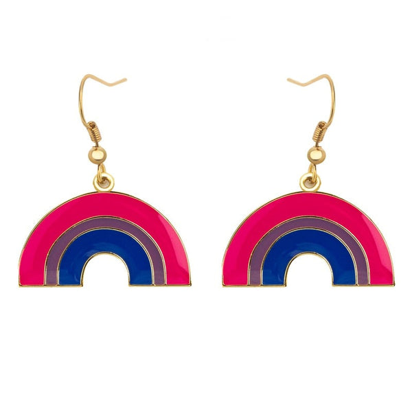 Pair of gold-tone rainbow arch earrings with pink, purple, and blue enamel bands