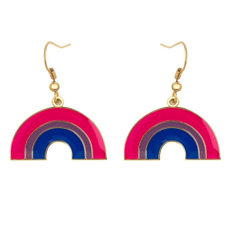 Pair of gold-tone rainbow arch earrings with pink, purple, and blue enamel bands