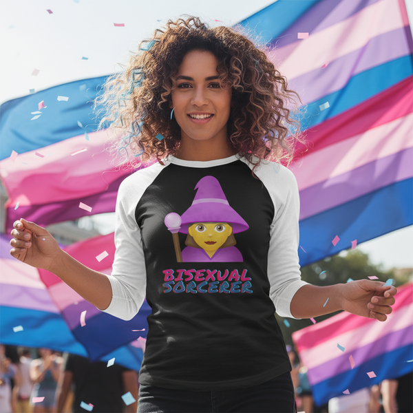 Bisexual Sorcerer 3/4 Sleeve Raglan Shirt, cartoon wizard print; person at LGBTQ+ event with bi pride flags and confetti