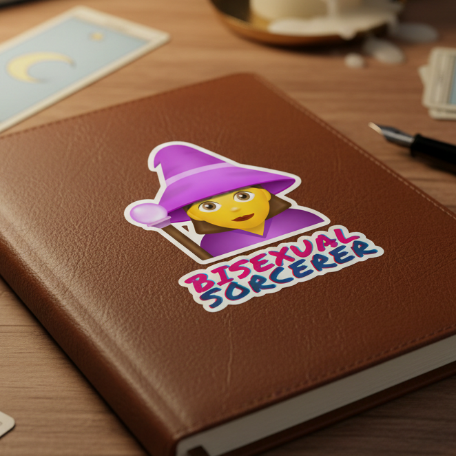 Bubble-free sticker featuring a cartoon sorcerer in a purple hat and cape with “Bisexual Sorcerer” text