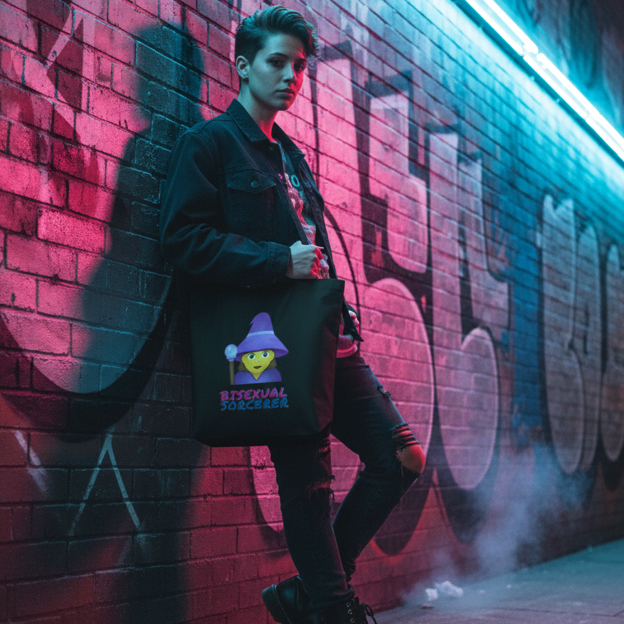 Person holding a black tote with a cartoon wizard and “BISEXUAL SORCERER” text