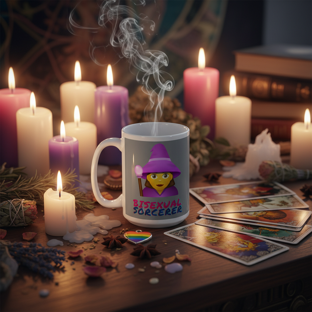 White mug reading “BISEXUAL SORCERER,” steaming among lit candles and tarot cards