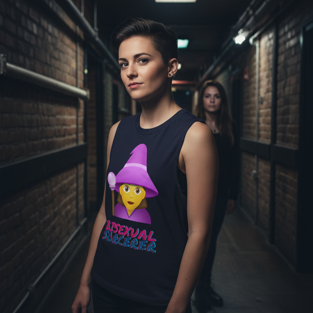 Relaxed-fit Bisexual Sorcerer muscle tank with “Bisexual Sorcerer,” cartoon wizard hat, yellow face; person with short hair