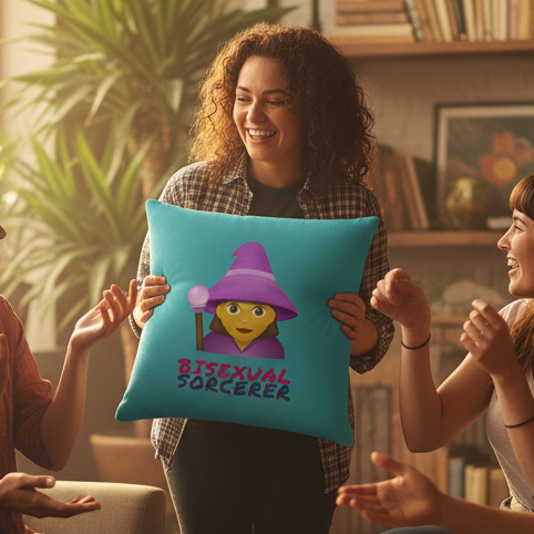 A smiling person holds a "Bisexual Sorcerer" pillow with a wizard emoji, surrounded by queer decor, plants